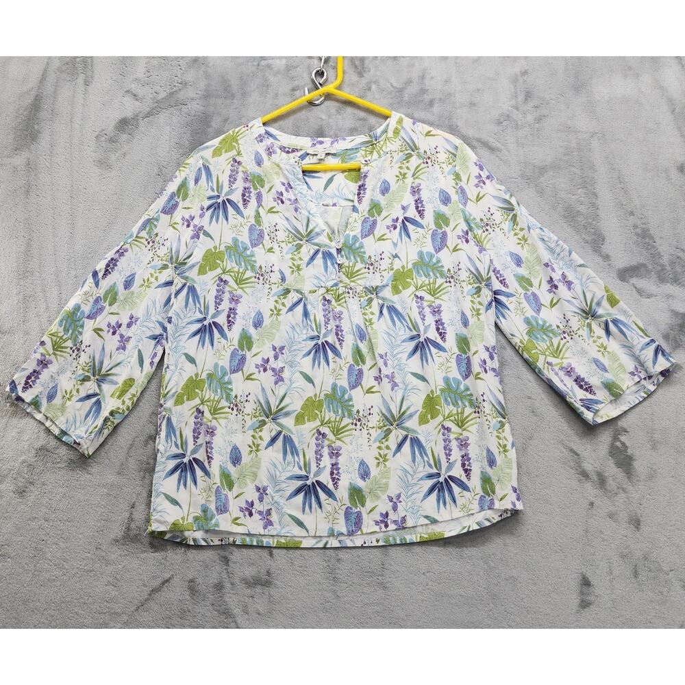 Anne Carson Top Womens M Green Purple Floral Rayon V-Neck Buttons Popover Summer
